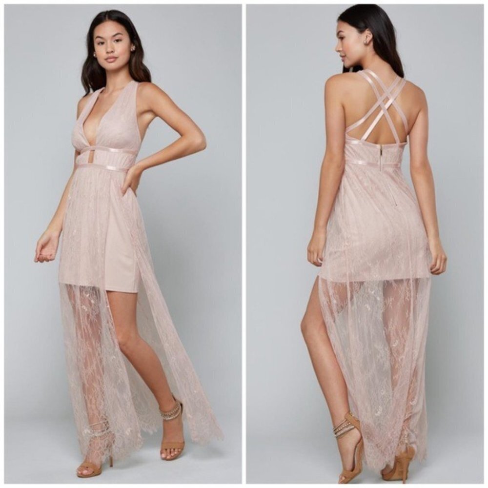🌸 Bebe Dusty Pale Rose Pink Flowy Lace Grecian Mermaid Maxi Dress